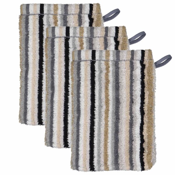 CAWÖ Wash glove, 3-pack - C Life Style Stripes, flannel, terry towelling Beige 16x22cm