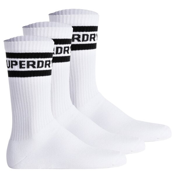 Superdry Unisex Sportsocken, 3er Pack - COOLMAX SPORT CREW SOCK 3PK, Logo, Streifen Weiß 36-38