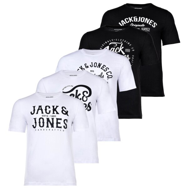 JACK&JONES Mens T-Shirt, 5-pack - JJLEOGRA TEE CREW NECK, short sleeve, crew neck, cotton, logo print White/Black M (Medium)
