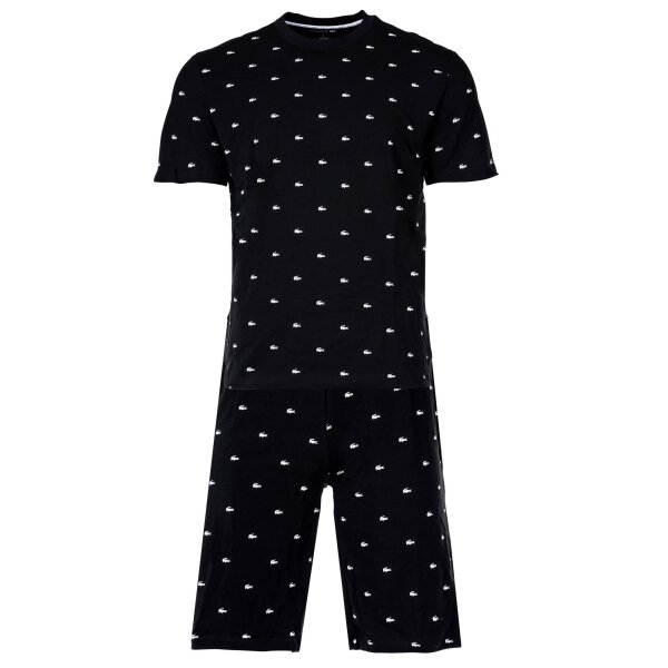 LACOSTE Mens Pyjama Set, 2-piece - Pyjama Loungewear Set, Short, All-Over Minicroc Print, Round Neck, Jersey Black/White L (Large)