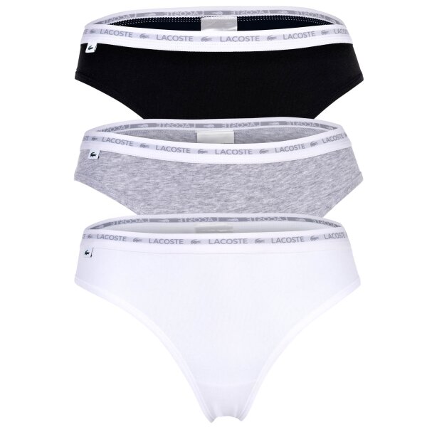LACOSTE Damen Strings, 3er Pack - Thong, Unterwäsche, Cotton Stretch, Logobund, einfarbig Schwarz/Grau/Weiß XS