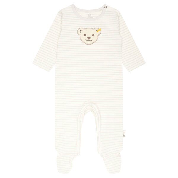 Steiff Baby Strampler - Einteiler, Baumwolle, Bär, Streifen, Druckknöpfe, Logo, langarm Beige/Weiß 86