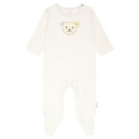 Steiff Baby Strampler - Einteiler, Baumwolle, Bär, Streifen, Druckknöpfe, Logo, langarm Beige/Weiß 86