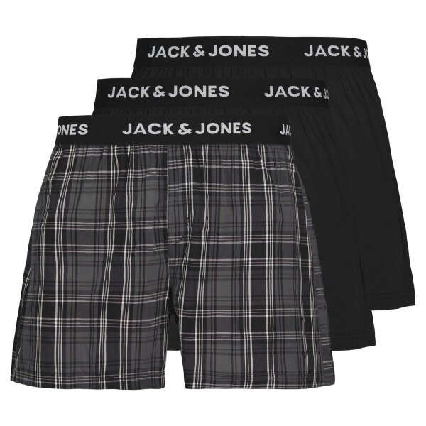 JACK&JONES Mens Woven Boxer Shorts, 3-Pack - JACJAMES WOVEN BOXERS, Logo Waistband, Cotton, Plaid, Solid Color