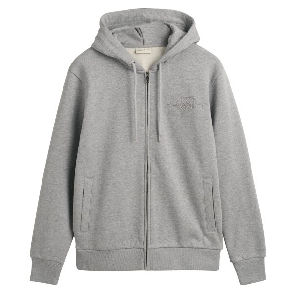 GANT Herren Sweatjacke mit Kapuze - REGULAR TONAL SHIELD FULL ZIP HOODIE, Baumwolle Grau XL