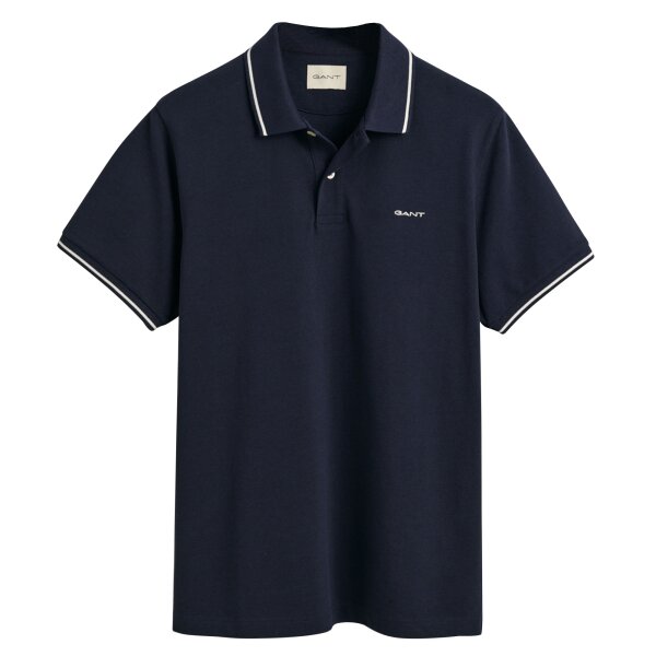 GANT mens polo shirt - TIPPING PIQUE RUGGER, short sleeves, button placket, logo, plain Blue L (Large)