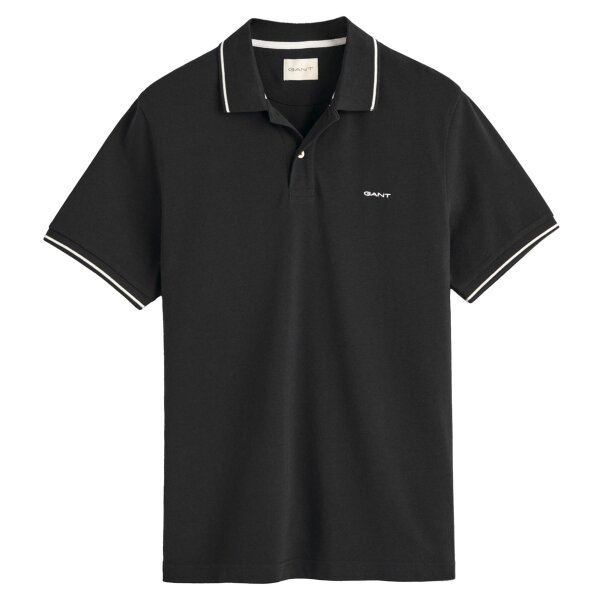 GANT mens polo shirt - TIPPING PIQUE RUGGER, short sleeves, button placket, logo, plain Black M (Medium)