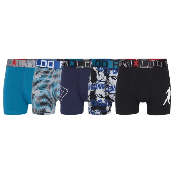 CR7 Jungen Boxershorts, 5er Pack - Cristiano Ronaldo Motive, Trunks, Cotton Stretch, Logobund Schwarz/Blau/Türkis 104/110