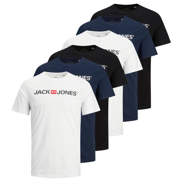 JACK&JONES Herren T-Shirt, 6er Pack - JJECORP LOGO TEE CREW NECK, Logo-Print, Baumwolle Weiß/Marineblau/Schwarz S