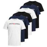 Jack & Jones Mens T-Shirt, 6 Pack - JJECORP LOGO TEE CREW NECK, Logo Print, Cotton White/Navy/Black S (Small)