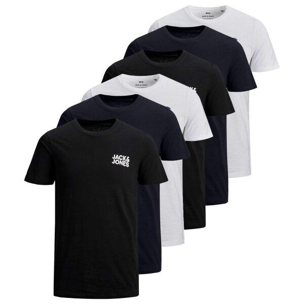 JACK&JONES Herren T-Shirt, 6er Pack - JJECORP LOGO TEE O-NECK, Logo-Print, Baumwolle Weiß/Marineblau/Schwarz S