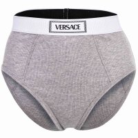 VERSACE Damen Slip Highleg RIB - hoher Logo-Bund, Rippstrick, Baumwoll-Stretch Grau M