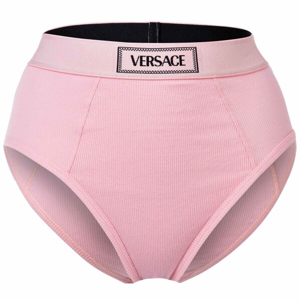 VERSACE Damen Slip Highleg RIB - hoher Logo-Bund, Rippstrick, Baumwoll-Stretch Rosa L