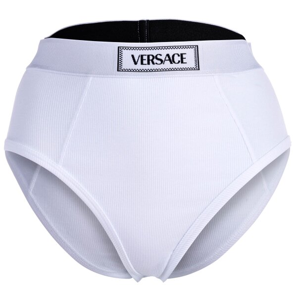 VERSACE womens briefs Highleg RIB - high logo waistband, ribbed knit, cotton stretch White L (Large)