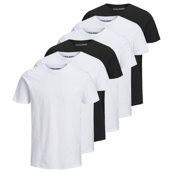 JACK&JONES Herren T-Shirt, 6er Pack - JJEORGANIC BASIC TEE O-NECK, Kurzarm, Bio-Baumwolle Weiß/Schwarz S