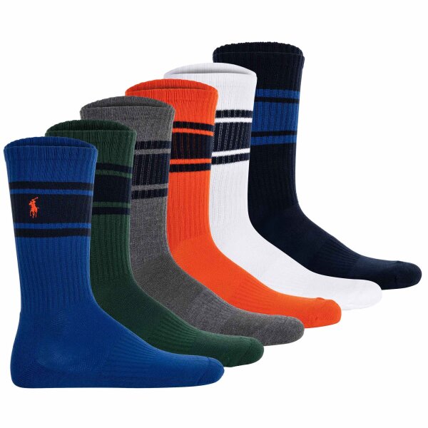 POLO RALPH LAUREN Mens Tennis Socks, 6-pack - STRIPES-CREW-SOCK-6-PACK, Logo, Stripes, One Size