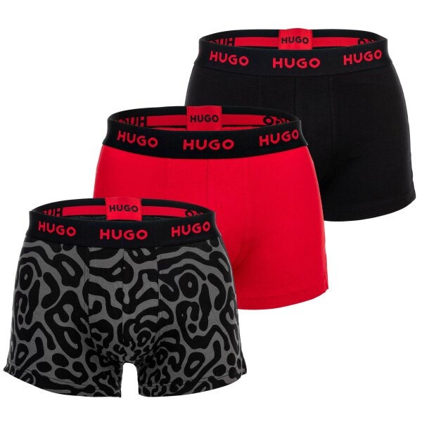 HUGO Herren Boxershorts, 3er Pack - TRUNK TRIPLET DESIGN, Logo, Cotton Stretch Schwarz/Rot S