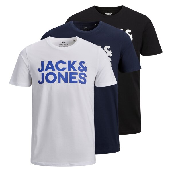 Jack & Jones Mens T-Shirt, 3 Pack - JJECORP LOGO TEE O-NECK, Logo Print, Cotton Black/Navy blue/White S (Small)