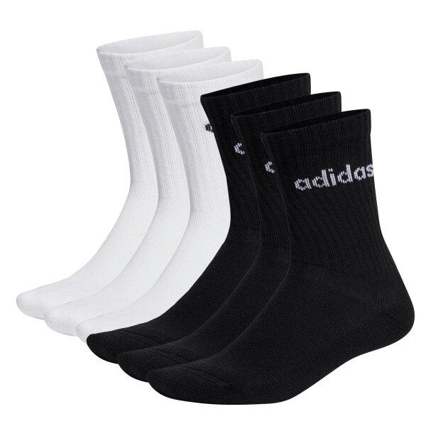 adidas unisex socks, 6-pack - Linear Crew Cushioned, logo, padded, solid color Black/white 37-39