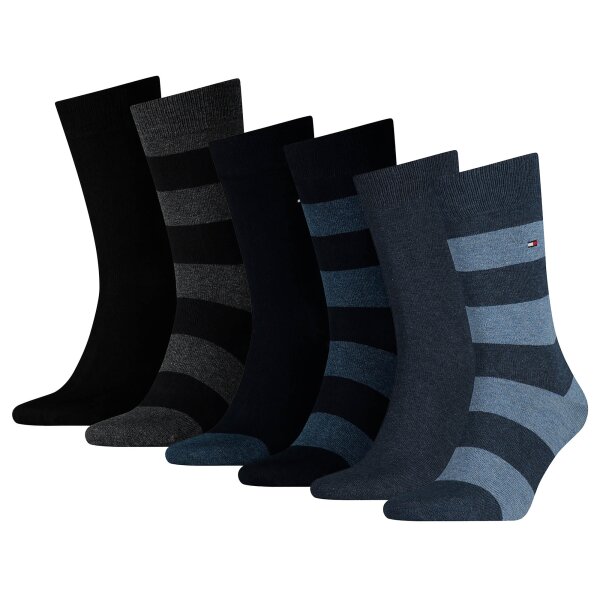 TOMMY HILFIGER Men Socks, Pack of 6 - Rugby Sock, Stockings, Stripes, uni/striped Black/dark blue/blue denim 43-46