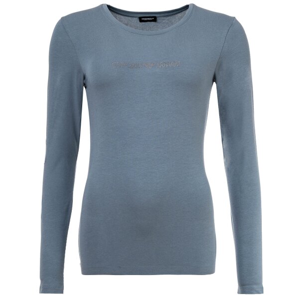 EMPORIO ARMANI Ladies Long Sleeve Shirt - ESSENTIAL STUDS LOGO, Round Neck, Stretch Cotton Blue XS (X-Small)