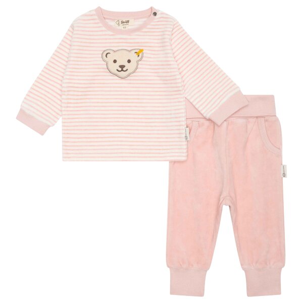 Steiff Baby Sweatanzug, 2-teilig - Homewear, Set, lang, gestreift, Teddy-Motiv Rosa/Weiß 74