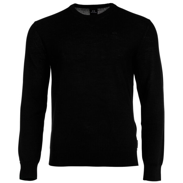 A|X ARMANI EXCHANGE mens knitted jumper - virgin wool, round neck, logo, plain Black 2XL (XX-Large)