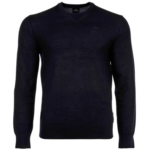 A|X ARMANI EXCHANGE mens knitted jumper - virgin wool, round neck, logo, plain Blue 2XL (XX-Large)