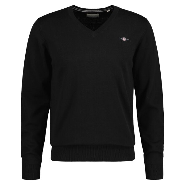 GANT Mens Pullover - CLASSIC COTTON V-NECK, knitted jumper, V-neck, cotton Black M (Medium)