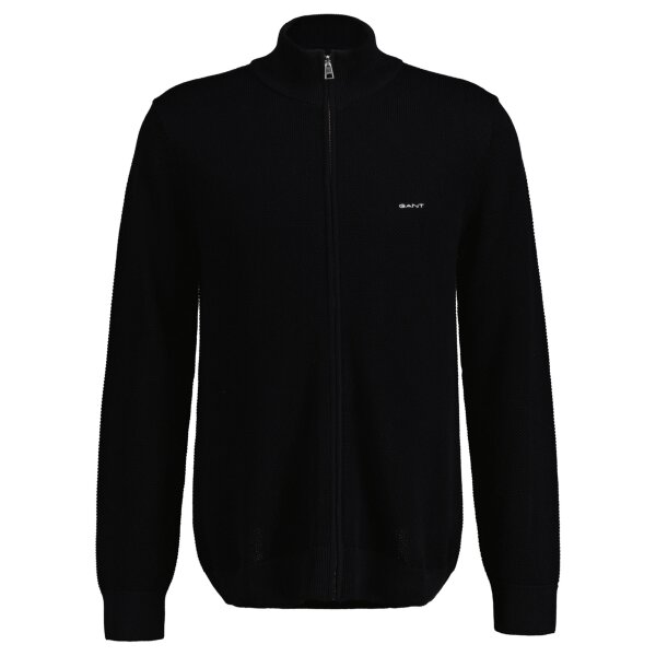 GANT Herren Pique-Strickjacke - COTTON PIQUE ZIP CARDIGAN, Reißverschluss, Baumwolle Schwarz M