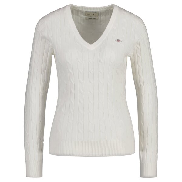 GANT Damen Cable-Strickpullover - STRETCH COTTON CABLE V-NECK, Zopfstrick Ecru S