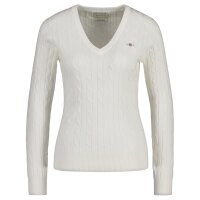 GANT Damen Cable-Strickpullover - STRETCH COTTON CABLE V-NECK, Zopfstrick Ecru S