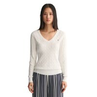 GANT Damen Cable-Strickpullover - STRETCH COTTON CABLE V-NECK, Zopfstrick Ecru S