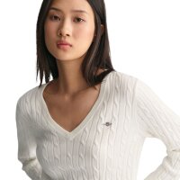 GANT Damen Cable-Strickpullover - STRETCH COTTON CABLE V-NECK, Zopfstrick Ecru S