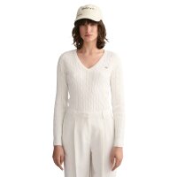 GANT Damen Cable-Strickpullover - STRETCH COTTON CABLE V-NECK, Zopfstrick Ecru S