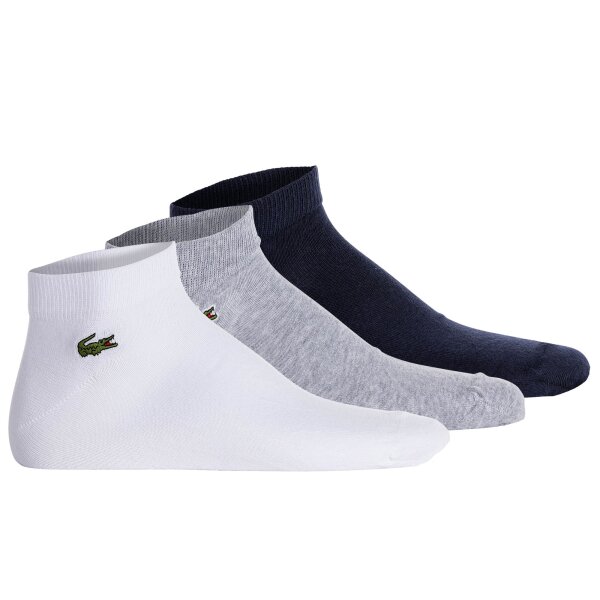 LACOSTE Unisex Sneakersocken, 3er Pack - Baumwollmischung, einfarbig, Logo Weiß/Grau/Dunkelblau 35-38