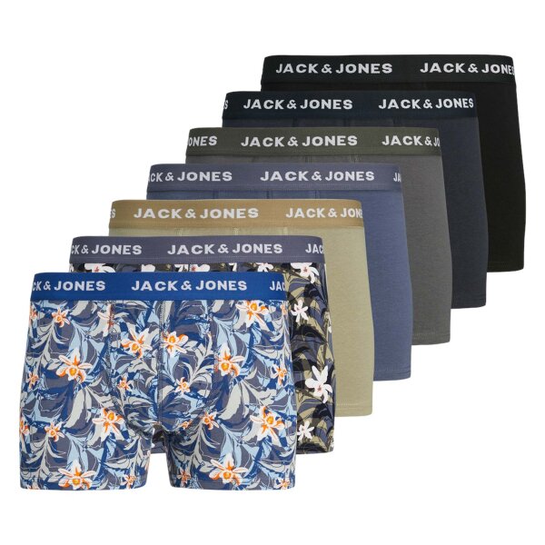 JACK&JONES Herren Boxershorts, 7er Pack - JACMASON FLOWER TRUNKS, Floral, Logobund Grün/Blau/Schwarz S