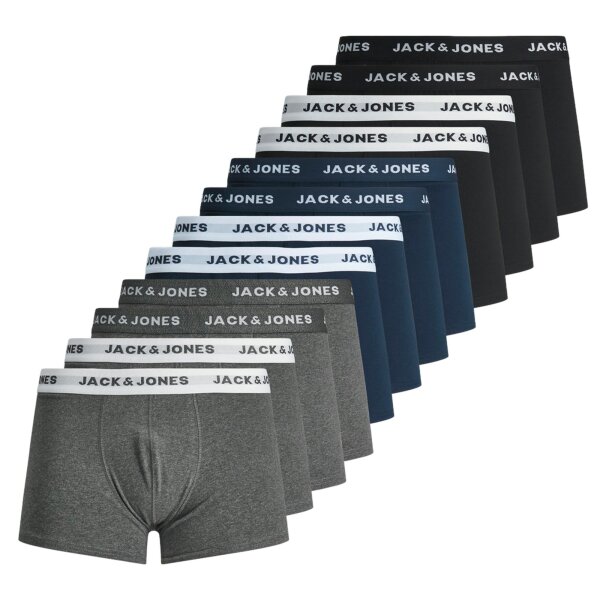 JACK&JONES Herren Boxershorts, 12er Pack - JACSOLID TRUNKS, Baumwoll-Stretch, Logobund Schwarz/Blau/Grau S