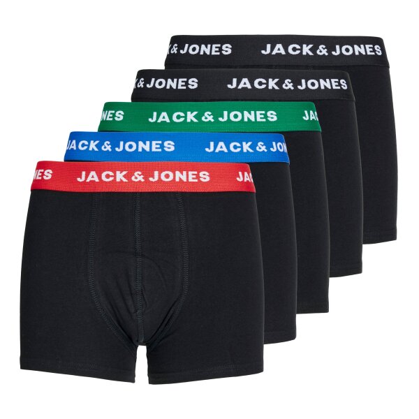 JACK & JONES Boys Boxer Shorts, Pack of 5 - JACHUEY TRUNKS, Cotton Stretch, Logo Waistband Black/Green/Blue/Red 128