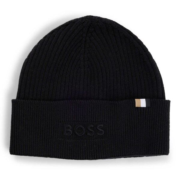 BOSS mens beanie with wool - Magico Hat, beanie, ribbed knit, one size, cotton mix Black