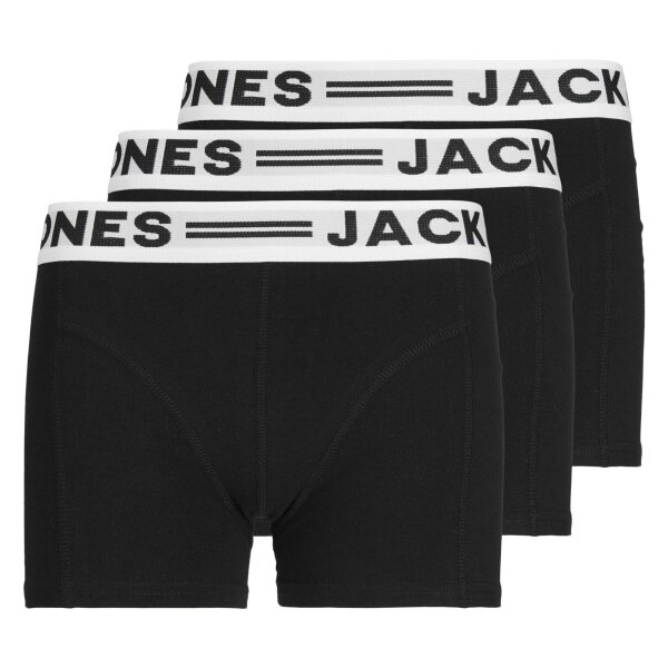 JACK&JONES Jungen Boxershorts, 3er Pack - SENSE TRUNKS, Baumwoll-Stretch, Logobund Schwarz/Weiß 176