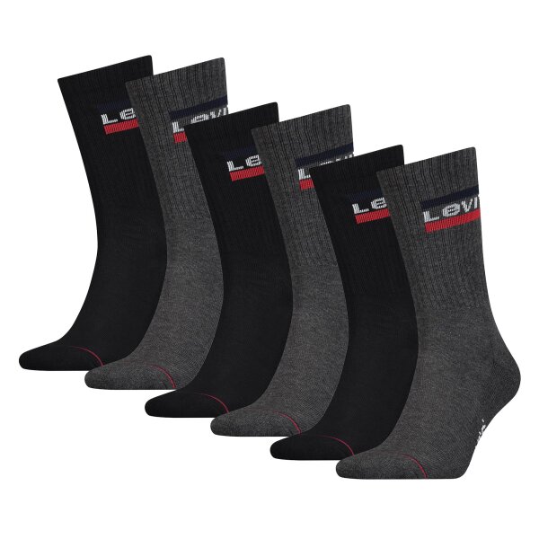 Levis Unisex 6er Pack Sportsocken - Regular Cut SPRTWR, Logo, einfarbig Schwarz/Grau 39-42