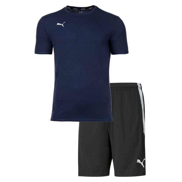 PUMA Herren Finisher Set - Training Shorts kurz, Funktionsshirt Rundhals uni Schwarz/Marine S
