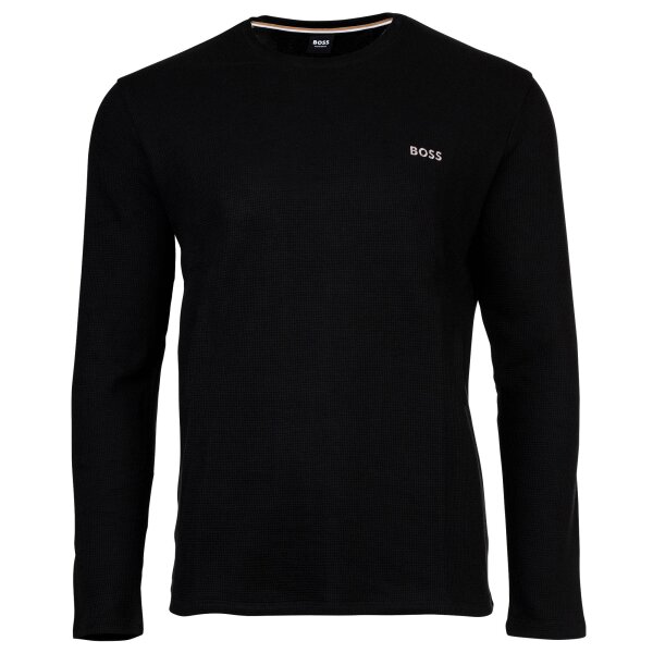 BOSS mens long-sleeved shirt, waffle look - Waffle Longsleeve, long-sleeved shirt, round neck, logo, cotton blend Black M (Medium)