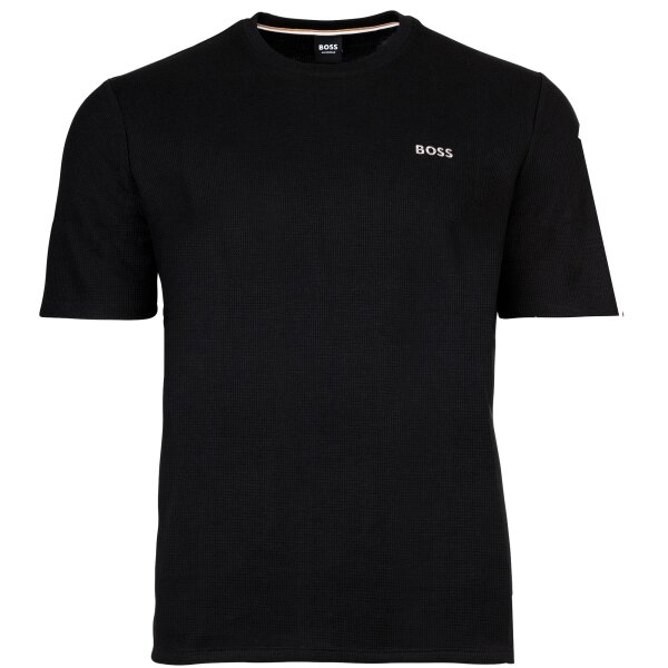 BOSS mens T-shirt, waffle look - Waffle T-shirt, logo, round neck, logo, cotton blend Black S (Small)