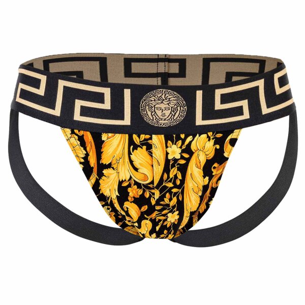 VERSACE Mens Jockstrap - Jocks, Tanga Briefs, Stretch Cotton, Barocco Pattern Black/Gold M (Medium)