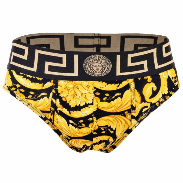 VERSACE Mens Brief - Slip, Stretch Cotton, Barocco Pattern Black/Gold XL (X-Large)