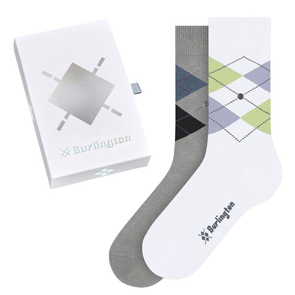 Burlington Ladies Socks, 2 Pack - Gift Set, Argyle, Rhombus, Onesize White/Grey 36-41 (UK 4-7.5)