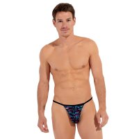HOM Mens G-String - Blackrock, thong, underwear, patterned Black/Blue M (Medium)