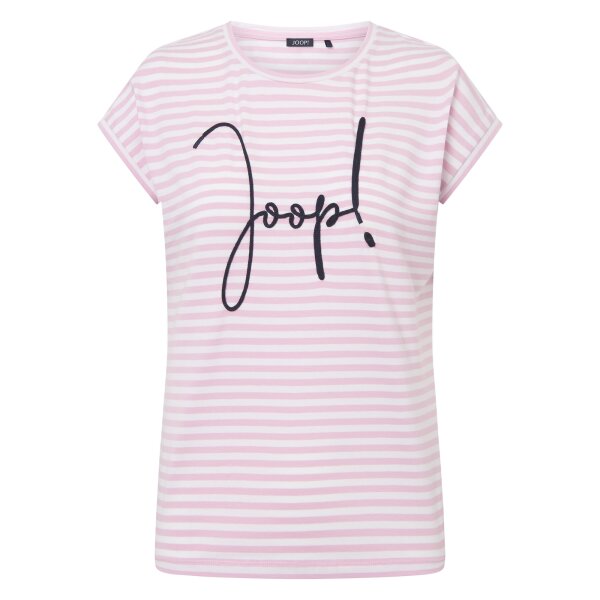 JOOP! Ladies T-shirt - Teri, embroidered logo, short sleeves, round neck, jersey, striped, cotton stretch Light Pink/White XS (X-Small)